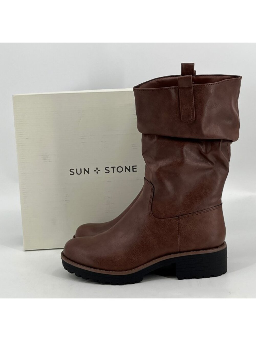 Sun + Stone Nelliee Mid-Calf Boots Brown Size 9 M Faux Leather Zipper Lug Sole